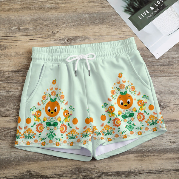 Orange Bird Print Women's Casual Shorts