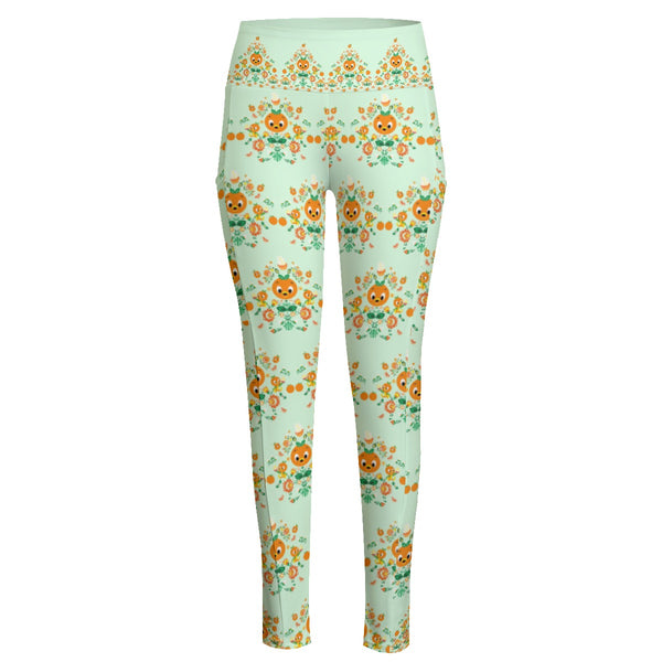Orange Bird Folk Art Women's High Waist Yoga Pants With Side Pocket