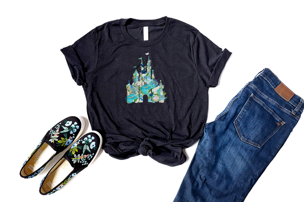 Blue Floral Castle Tee - Crazy Corgi Lady Designs - Unique Disney Themed Shirts