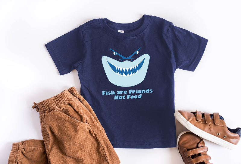 Bruce “Fish Are Friends, Not Food” Youth T-Shirt - Crazy Corgi Lady Designs - Unique Disney Themed Shirts