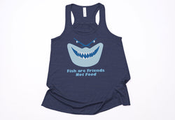 Bruce "Fish Are Friends Not Food" Racerback Tank - Crazy Corgi Lady Designs