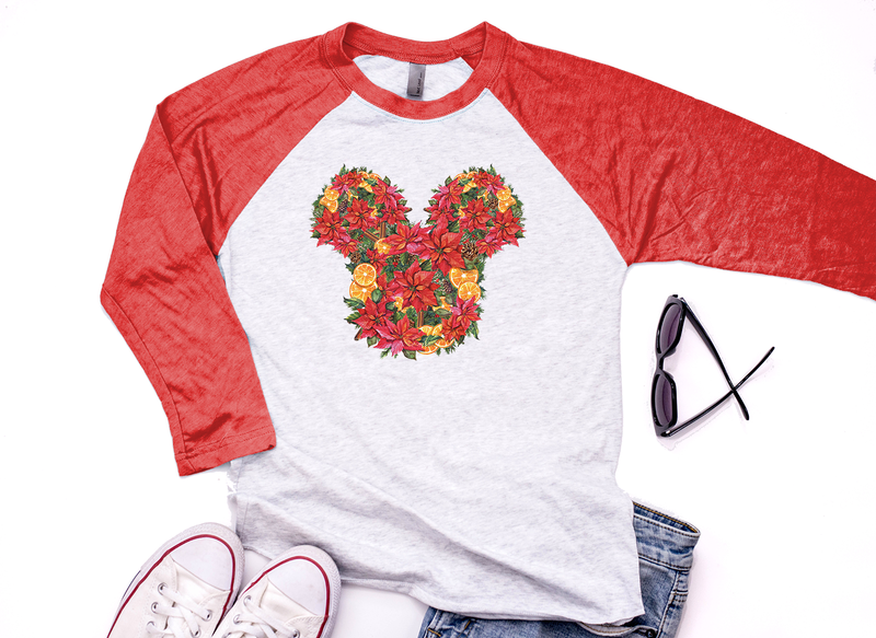 Christmas Floral Mickey Unisex Baseball Shirt / Raglan - Crazy Corgi Lady Designs - Unique Disney Themed Shirts
