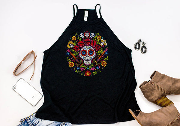 Coco Dios De Los Muertos Skull High Neck Tank - Crazy Corgi Lady Designs
