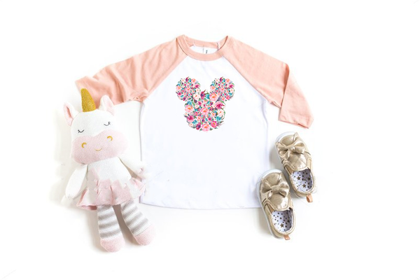 Floral Mickey Youth & Toddler Baseball Shirt / Raglan - Crazy Corgi Lady Designs - Unique Disney Themed Shirts