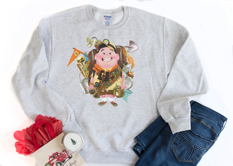 Russell from Up Drawing on a Sweatshirt - Crazy Corgi Lady Designs - Unique Disney Themed Shirts