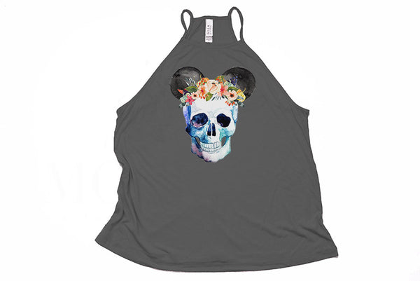 Skull Floral Crown Mickey High Neck Tank - Crazy Corgi Lady Designs - Unique Disney Themed Shirts