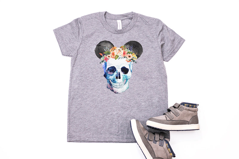 Skull Floral Crown Mickey Youth T-Shirt - Crazy Corgi Lady Designs - Unique Disney Themed Shirts