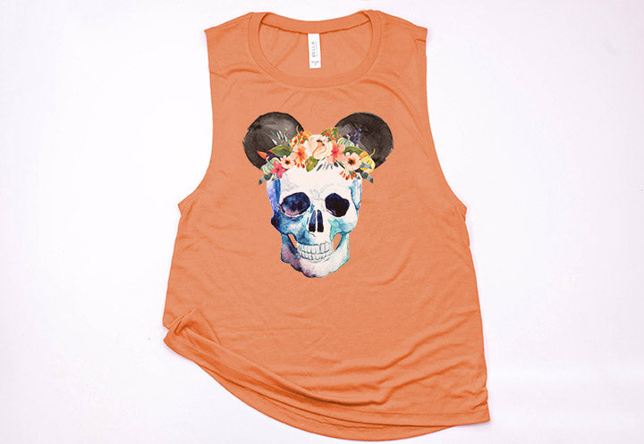 Skull Floral Crown Mickey Muscle Tank - Crazy Corgi Lady Designs - Unique Disney Themed Shirts