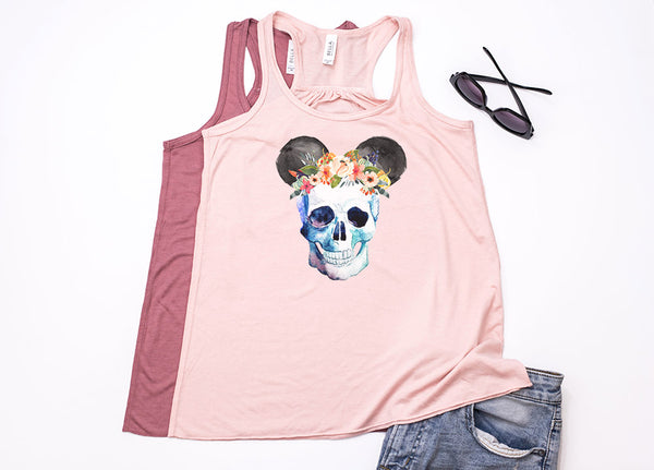 Skull Floral Crown Mickey Youth Racerback Tank Top - Crazy Corgi Lady Designs - Unique Disney Themed Shirts