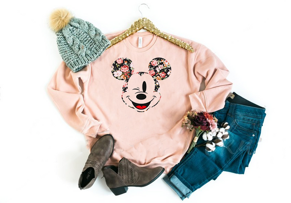 Winking Floral Mickey Sweatshirt - Crazy Corgi Lady Designs - Unique Disney Themed Shirts